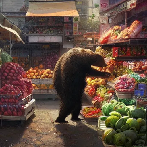 Prompt: a bear buying fruits in the market where the seller is a bear too by greg rutkowski and thomas kinkade, trending on artstation