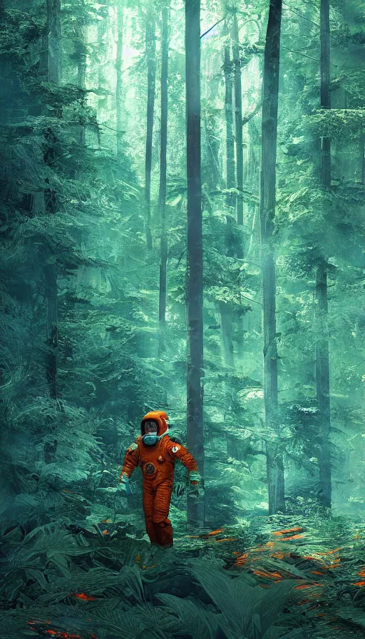 Prompt: american astronaut in teal and orange suite, the forest plants environment wide angle cinematic lighting atmospheric realistic octane render highly detailed, octane render, in the style of craig mullins