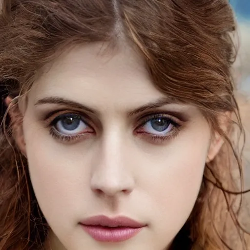 Image similar to a beautiful close - up shop of alexandra daddario, beautiful symmetric clear blue eyes, beautiful natural light failling on her face, golden hour, by annie leibowitz