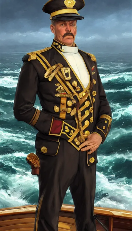 Image similar to proud commodore marine captain, pairate style, stern look, late xix century commander vest, full body portrait xix immpresionist paint, ship deck on wild ocean background, highly detailed, digital painting, artstation, concept art, sharp focus, illustration, art by Artgerm, Greg Rutkowski, Craig Mullins, WLOP, Ross tran, James Jean, Andrei Riabovitchev, magic the gathering, - W 640