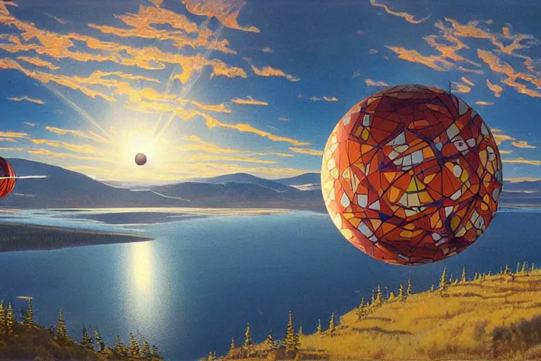 Prompt: a giant ((((metallic)))) floating sphere covered in canadian colorful aboriginal patterns!! hovering above a Yukon lake, (painted by Ralph McQuarrie), matte painting, very detailed, 12000 Kelvin, concept art