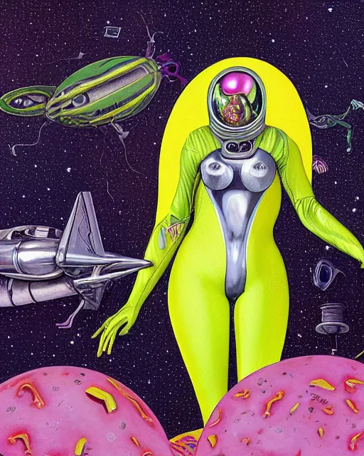 Prompt: Glossy lurid pulp illustration by Laurie Lipton and Francine van Hove of beautiful voluptuous lady alien extraterrestrial with iridescent faceted bug eyes, standing in front of a crashed spacecraft, yellow feathered antennae coming out of her head, dark green and yellow mottled skin, sexy skintight pink and silver spacesuit, standing in front of a spacecraft near a lake, scifi, futuristic, realistic, hyperdetailed, chiaroscuro, concept art, art by gil elvgren, by Robert McGinnis