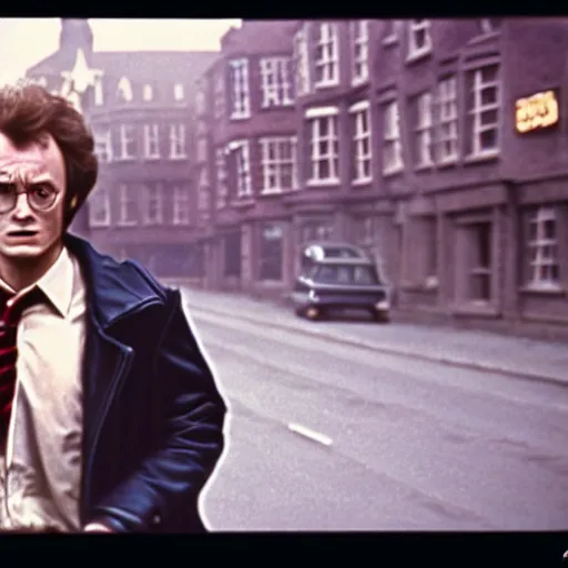 Image similar to Dirty Harry Potter, 1970s crime drama cinematic closeup movie photo, Arri Alexa 65, DSLR, dof, by Bill Gekas and Bruno Walpoth and Antoine Verney-Carron