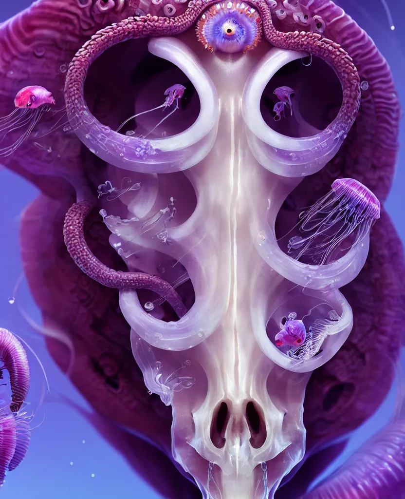 Image similar to goddess princess face close-up portrait ram skull. jellyfish phoenix head, nautilus, orchid, skull, betta fish, bioluminiscent creatures, intricate artwork by Tooth Wu and wlop and beeple. octane render, trending on artstation, greg rutkowski very coherent symmetrical artwork. cinematic, hyper realism, high detail, octane render, 8k