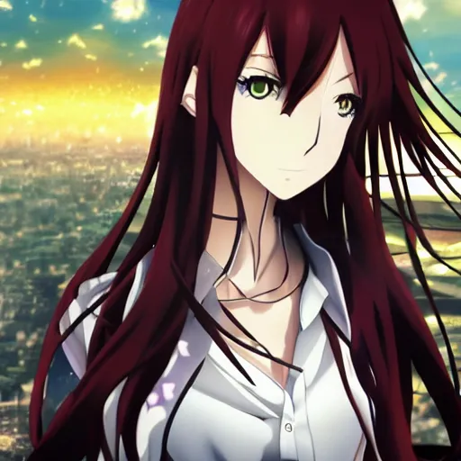 Prompt: Anime key visual of Kurisu from Steins;Gate, abstract clockwork background ,official media