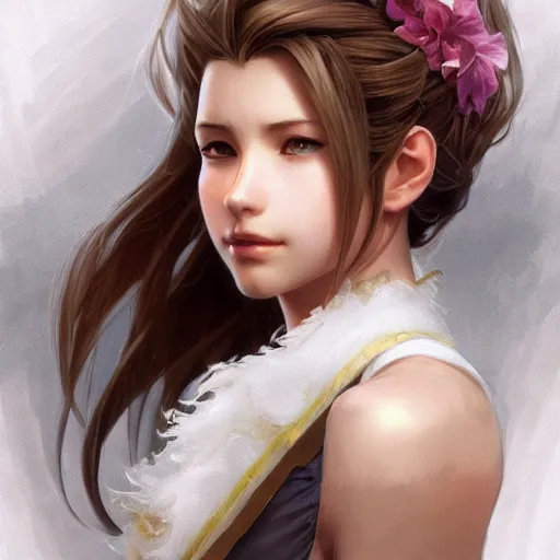 Prompt: A full portrait of an Aerith from Final Fantasy, elegant, highly detailed, digital painting, artstation, concept art, smooth, sharp focus, illustration, art by Krenz Cushart and Artem Demura and alphonse mucha