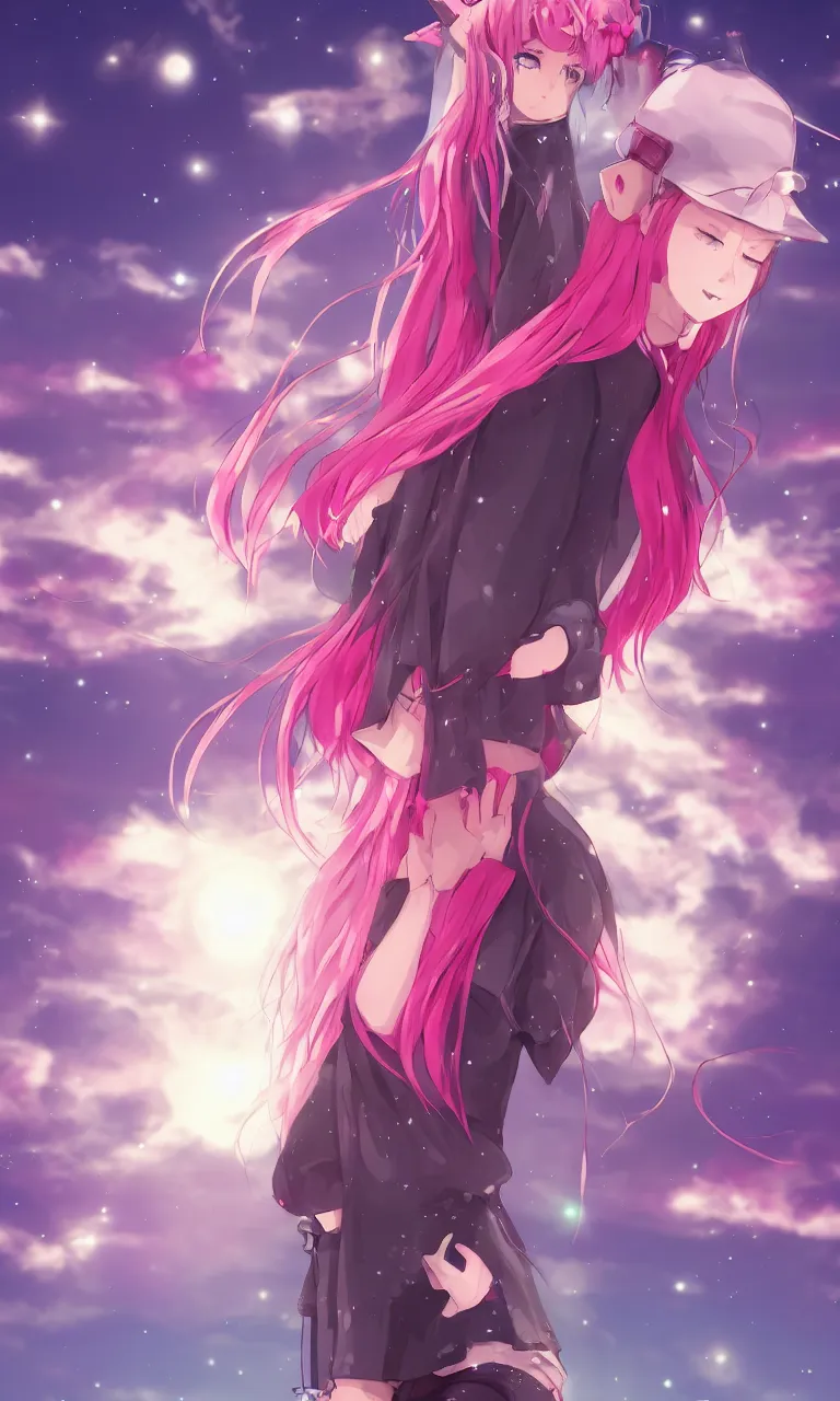 Prompt: A beautiful anime cat girl with pink hair, digital art, cgsociety, trending on artstation, sunset background with shooting stars in the sky