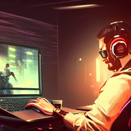 Image similar to realistic successful man typing on laptop in gaming room, artstation trends, cyberpunk concept art, highly detailed, intricate, sharp focus, digital art, 8 k