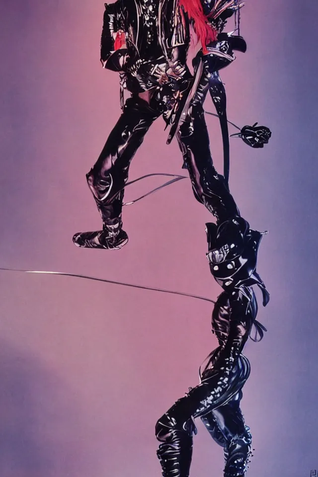 Image similar to character design, portrait, ninja in a glam rocker suit, by syd mead, tim walker, roger deakins, atmospheric neon backdrop, olliphant, symmetry