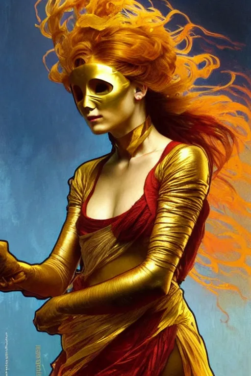 Prompt: A woman wearing golden mask, hair like fire, painting by greg rutkowski and alphonse mucha