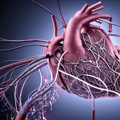 Prompt: a human heart, revealing wires and electronics, arteries, veins, human heart, anatomy, sci - fi, missing panels, intricate abstract upper body intricate artwork, concept art, octane render, deviantart, cinematic, key art, hyperrealism, iridescent accents, portrait photograph, nikon 3 5 mm, parts illustration