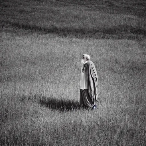 Prompt: old prophet wandering about a meadow. summer midday. direct overhead sunlight. harsh shadows. aperture 1 6. iso 1 0 0