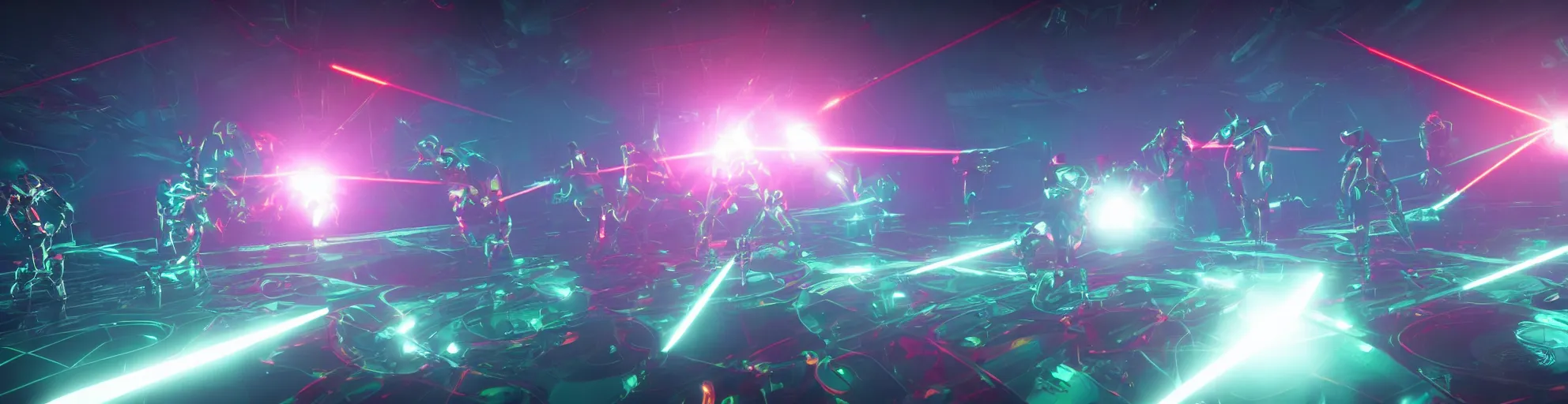 Image similar to futuristic spacemen firing lasers in zero gravity, skintight suits, floating polygon shapes as obstacles, surrounded by a laser grid, unreal engine, lensflare, glow, bloom, neon