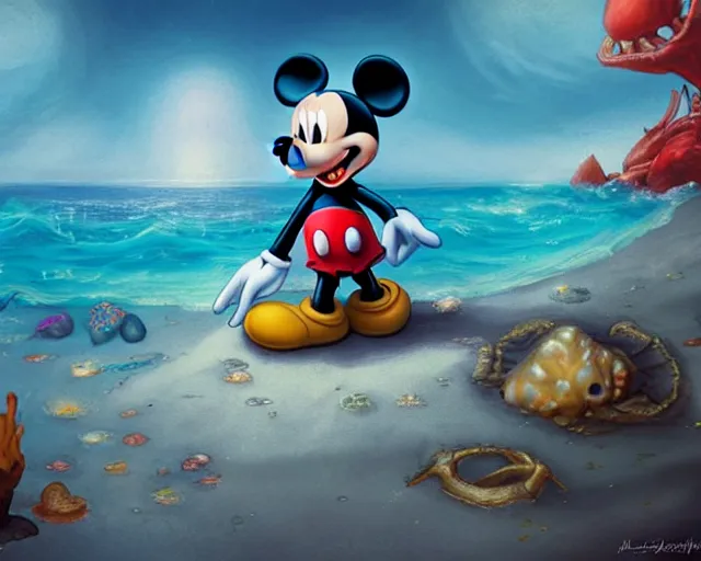 Prompt: Mickey mouse sitting next to terrifying sea creatures on a creepy beach, digital art, by Marta Dahlig, super detailed, artstation