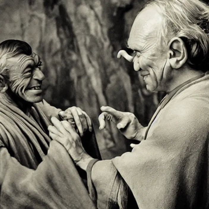 Prompt: a hyperdetailed studio photo of master yoda dancing with luke skywalker