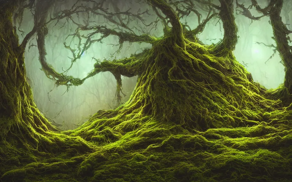 Prompt: a beautiful macro photography of green moss with tree roots filled with alien fungus, bioluminescent , hyper detailed, ,warm volumetric lights , Zoom close up Matte painting ,made by Gerald Brom and Mike Winkelmann, trending on art station