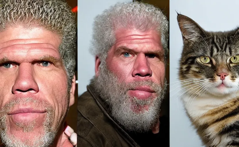 Prompt: ron perlman with his pet cat that looks like him