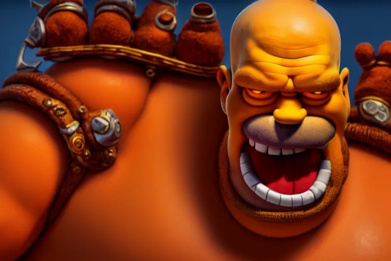 Image similar to a very detailed art of homer simpson mixed with garrosh hellscream from warcraft trending on artstation, digital art, 4 k, hyper realistic, octane render, sharp focus