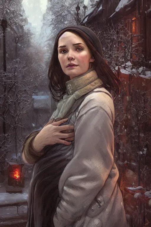 Image similar to portrait of a pregnant woman in the besieged Leningrad in winter, tears, suffering, digital painting, artstation, concept art, smooth, sharp focus, illustration, art by artgerm and greg rutkowski and alphonse mucha