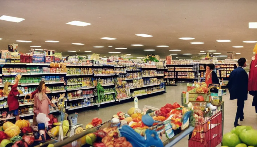 Prompt: 1990s candid photo of a beautiful day at the grocery store, cinematic lighting, cinematic look, golden hour, large costumed mascot business people giving space presentations to families, Enormous personified business people with outstandingly happy faces coming out of a portal and talking to families about space, UHD