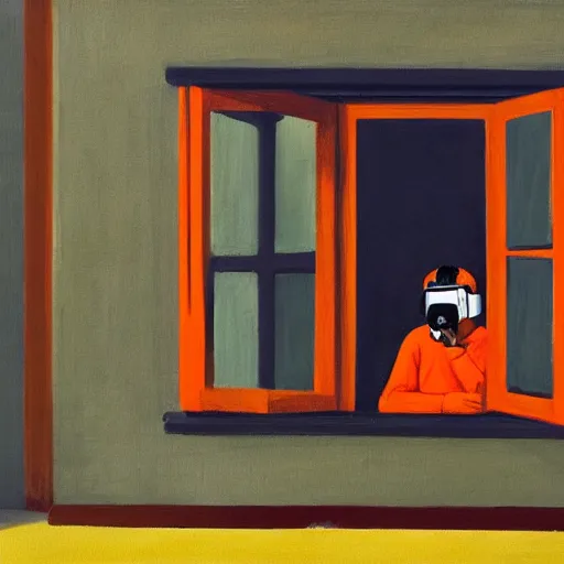 Image similar to A fine art painting of a man wearing Vr goggles dressed in orange overalls (and creating the metaverse at a desk with screens), view from outside looking in through a window on a British street. In the style of Edward Hopper and Wes Anderson