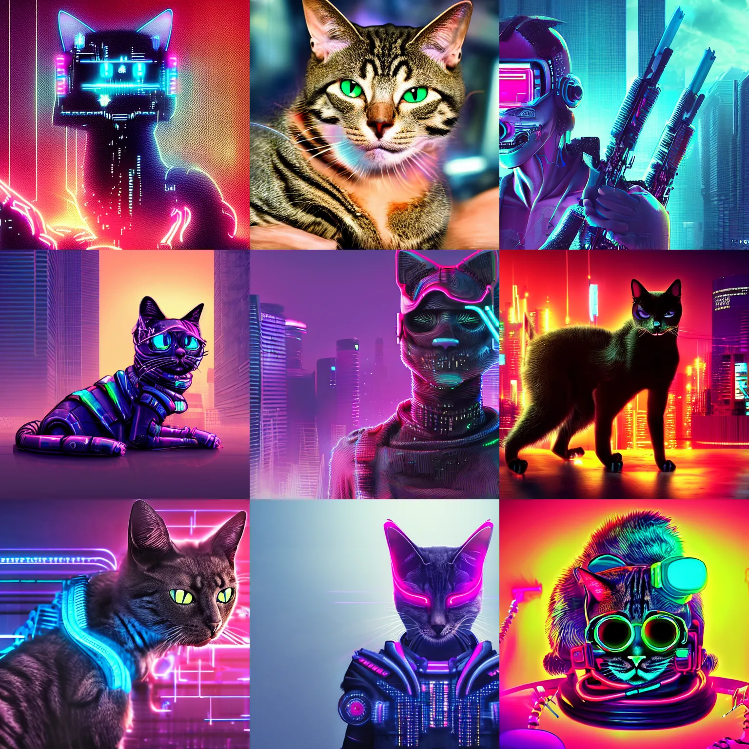 Prompt: cyberpunk cyborg cat. Synthwave, extremely detailed, 8k resolution.