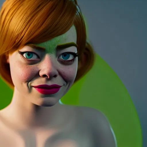 Image similar to Emma Stone as a female version of Shrek, she has shrek nose, long pointy ears features, with green skin, fully detailed, high quality , 4k , octane render , soft lightening , masterpiece