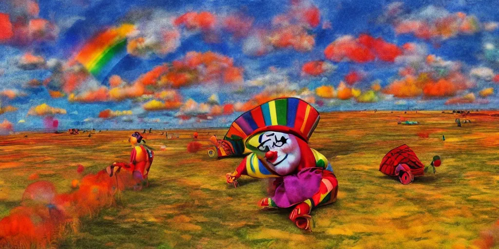 Prompt: empty clown land for miles in every direction there is a long caravan of clowns and clown cars from the 1 8 0 0 s on the horizon puffy clouds in the sky at sunset, rainbow hour, rule of thirds, art, red and yellow