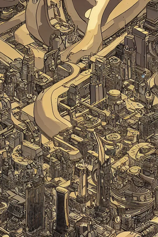 Image similar to gold and silver tones, cybernetic village on the outskirts of the universe, style of moebius, james jean, mcbess, cinematic, low detail, award winning, 8 k photorealistic