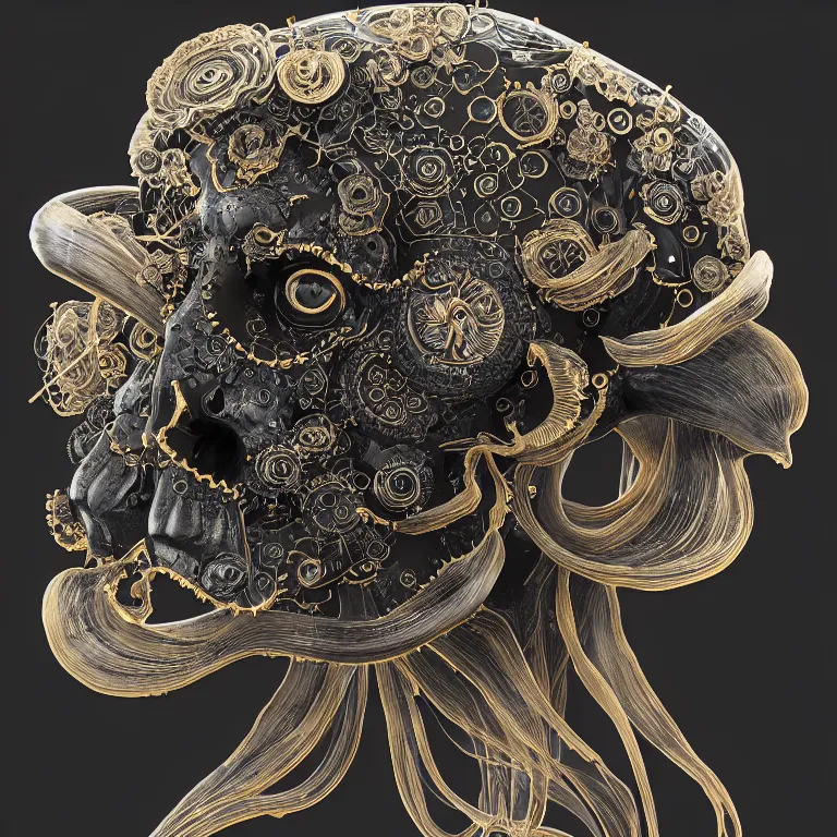 Image similar to black background. absolutely symmetrical sculpture. centered. goddess princess face close-up portrait ram skull. sculpture made of gold and black charcoal. jellyfish phoenix head, nautilus, orchid, skull, betta fish, bioluminiscent creatures, intricate artwork by Tooth Wu and wlop and beeple. octane render, trending on artstation, greg rutkowski very coherent symmetrical artwork. cinematic, hyper realism, high detail, octane render, 8k