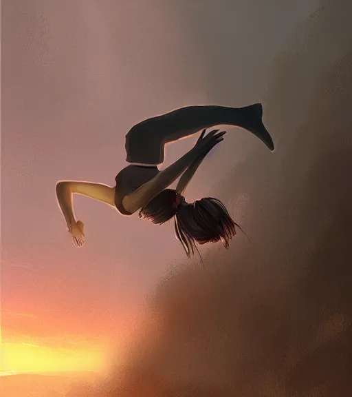 Prompt: Portrait of angel doing handstand acrobatic movement, in the apocalyptic sunrise, countryside, dimly lit, wispy smoke, intricate, highly detailed, digital painting, artstation, concept art, sharp focus, illustration, art by einar jonsson