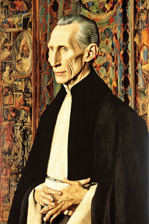 Prompt: portrait of grand moff tarkin as a sith lord, oil painting by jan van eyck, northern renaissance art, oil on canvas, wet - on - wet technique, realistic, expressive emotions, intricate textures, illusionistic detail