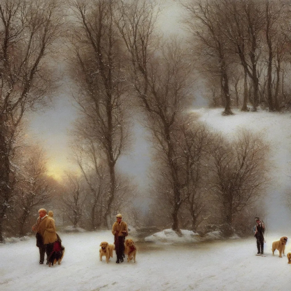 Image similar to Painting of a man and a woman walking their golden retriever dog in a snowy path, romantic, painted by Delphin Enjolras