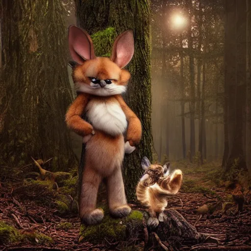 Image similar to a cute furry creature with long ears standing in a forest, michael kutsche, cinematic lighting