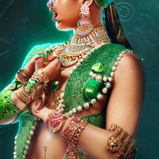 Image similar to photograph of wonderful princess with smooth fair skin, hindi, green jewelry, breathtaking, elegant, ornate, intricate, hyper detailed, accent lighting, dramatic light, 4 k octane render
