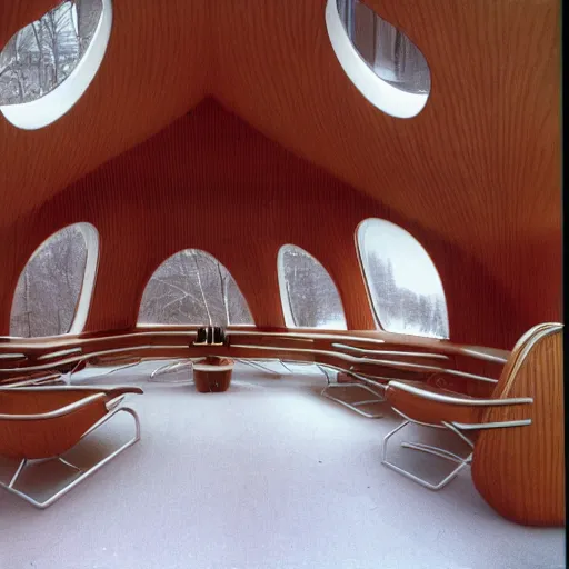 Prompt: the interior of a 1 9 7 0 s space ship carved out of wood, designed by eero saarinen, trees and snow visible through the windows