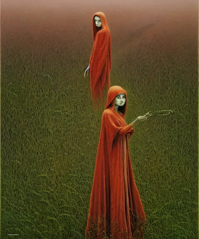 Prompt: A detailed funguswoman stands among the mushroom fields. Wearing a ripped mantle, robe. Perfect faces, extremely high details, realistic, fantasy art, solo, masterpiece, art by Zdzisław Beksiński, Pauline Baynes, Dariusz Zawadzki