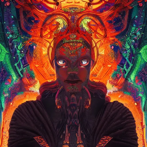 Image similar to deity starring into the camera, fixed eyes, flowing black coat with glowing neon orange trim, inside a museum, colorful, surreal, dramatic lighting, face, detailed, intricate, elegant, highly detailed, digital painting, artstation,, concept art, smooth, sharp focus, illustration, art by sam spratt, dan mumford, artem demura and alphonse mucha