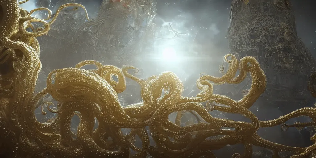 Prompt: a photo of 8k ultra realistic lovecraftian white with golden embellishments humanoid queen standing next to a spaceship window overlooking earth, 8 intricate white and gold tentacles, ornate white and gold armour, cinematic lighting, trending on artstation, 4k, hyperrealistic, focused, extreme details, unreal engine 5, cinematic, masterpiece