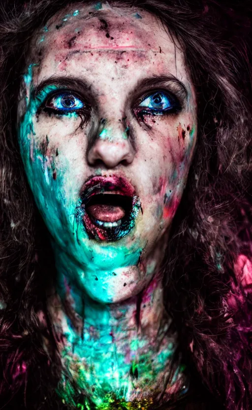 Image similar to grungy woman with luminescent paint flowing out of her mouth, dark, horror, cinematic, Sony a7R IV, symmetric balance, polarizing filter, Photolab, Lightroom, 4K, Dolby Vision, Photography Award