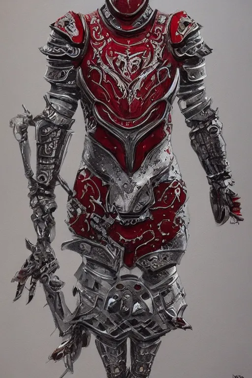 Image similar to A set of armor, intricate, Silver, red, ruby, empty, falcon-themed, acrylic painting, trending on artstation, artstationHD, artstationHQ