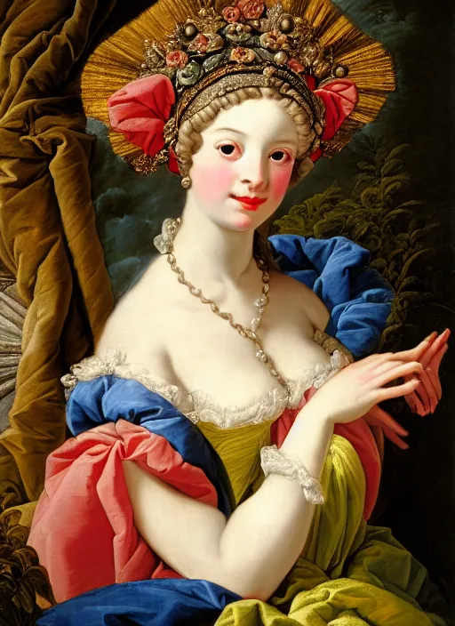 Image similar to portrait of young woman in renaissance dress and renaissance headdress, art by francois boucher