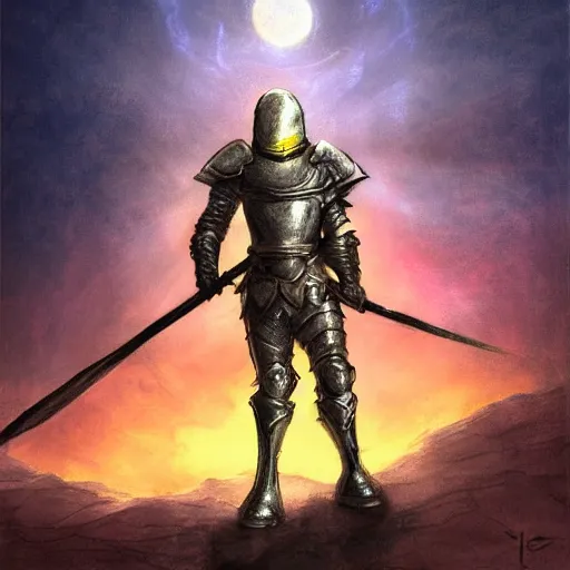 Image similar to a gritty fantasy knight in heavy silver armor holding a large staff standing in a desert, comic book art, fantasy, oil painting, art by jim lee, bright, golden hour, dramatic,