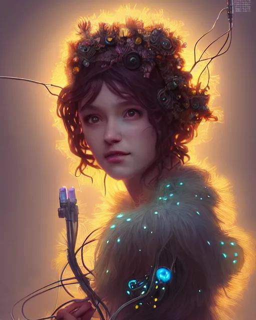 Image similar to portrait of a cute druid, male, bioluminescent, wires, horror, happy, highly detailed, digital painting, cinematic, hyperrealism, dark retrowave, art by pixar and stanley lau and artgerm and magali villeneuve and alphonse mucha, artstation, octane render, cgsociety