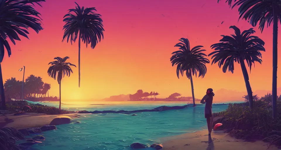 Image similar to Californian beach landscape with palmtrees and a sunset, large sunset, cinematic, synthwave style, rendered by simon stålenhag, rendered by Beeple, Makoto Shinkai, syd meade, environment concept, digital art, unreal engine, 3 point perspective, WLOP, trending on artstation, low level, 4K UHD image, octane render,