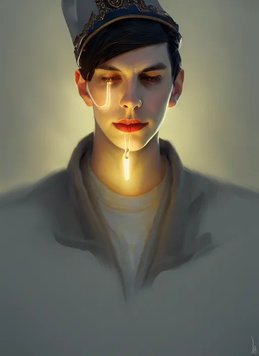 Image similar to portrait of jughead jones, wearing a light grey crown, eyes closed, intricate, elegant, glowing lights, highly detailed, digital painting, artstation, concept art, smooth, sharp focus, illustration, art by wlop, mars ravelo and greg rutkowski