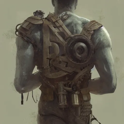 Image similar to a highly detailed epic cinematic concept art CG render digital painting artwork: dieselpunk man with an engine brutally sewn to his back. By Greg Rutkowski, Ilya Kuvshinov, WLOP, Stanley Artgerm Lau, Ruan Jia and Fenghua Zhong, trending on ArtStation, subtle muted cinematic colors, made in Maya, Blender and Photoshop, octane render, excellent composition, cinematic atmosphere, dynamic dramatic cinematic lighting, precise correct anatomy, aesthetic, very inspirational, arthouse