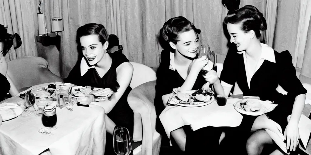 Image similar to b & w photo of emma stone and emma watson having dinner in the 1 9 5 0 s,