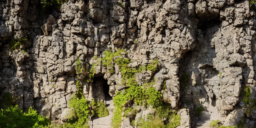 Prompt: entrance to a dungeon of the gods at the base of an ancient mountain in the morning light, in the style of Studio Ghibli, by Hayao Miyazaki, polarizer filter