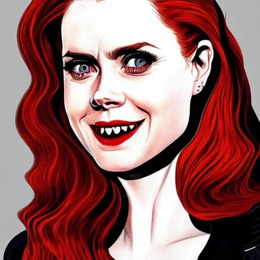 Prompt: vampire : : rafeal albuquerque comic art : : gorgeous amy adams : : sharp teeth : : symmetrical face, symmetrical eyes : : gorgeous red hair : :